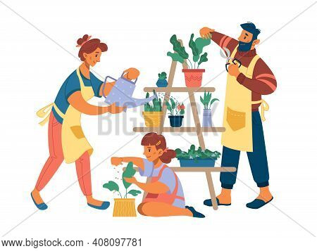 People Mother Father And Girl Planting Flowers At Home Isolated Flat Cartoon Characters. Vector Wife