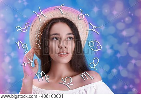Beautiful Young Woman And Illustration Of Zodiac Wheel With Astrological Signs On Color Background