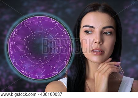 Beautiful Young Woman And Illustration Of Zodiac Wheel With Astrological Signs On Dark Background