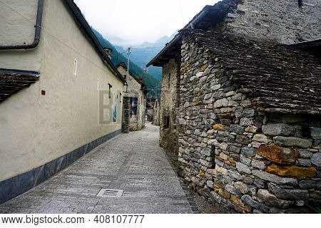 Typical Street In The Beautiful Village Of Sonogno, Ticino, Switzerland