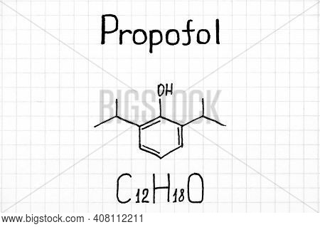 Handwriting Chemical Formula Of Propofol. Close Up.