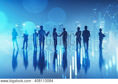 Silhouette Of Business People In A Row Standing Over Aerial Singapore Cityview. Concept Of A Busines