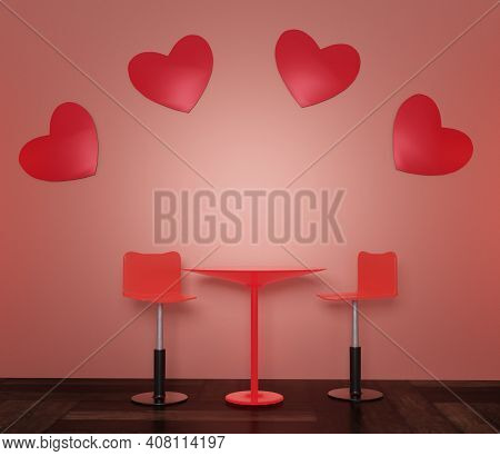 3d Rendering Valentines Day Background Mock Up, Love Shape, Chair, Table. Pink, Red, Silver And Whit