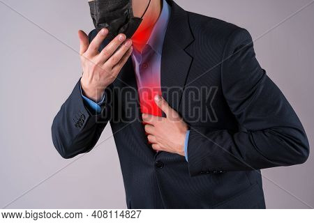 Office Worker With Coronavirus Symptoms On Gray Background