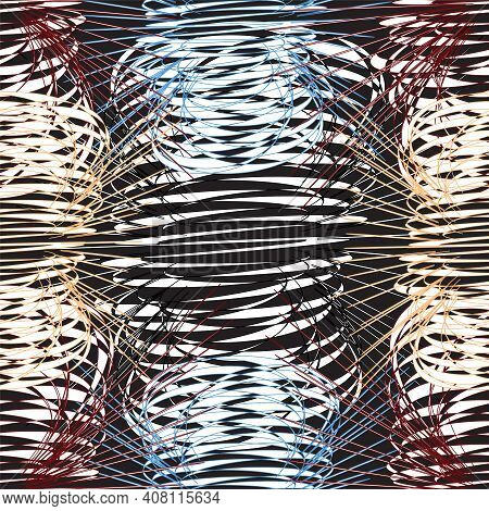 Seamless Pattern With Horizontal And Vertial Rows Of Ovals And Rays In White, Orange, Blue, Brown, B