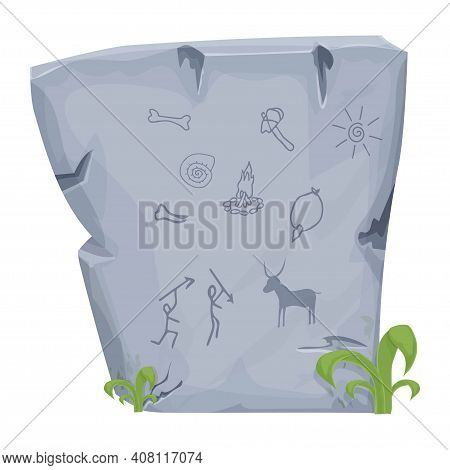 Stone Age Symbol Big Rock With Ancient Tribal Caveman Drawings In Cartoon Style Isolated On White Ba