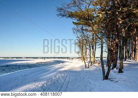 Debki, Poland - February 13, 2020: Snow Covered Beach On The Baltic Sea. Debki, Poland