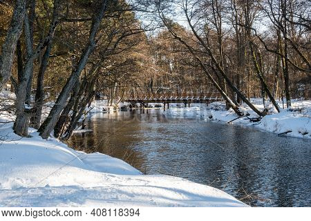 The Piasnca River During Winter In Northern Poland. Debki, Poland