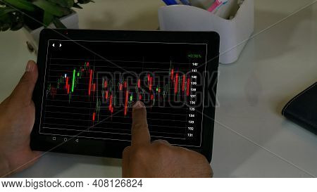 Businessman Checking Stock Market Dataมstock Market Application For Mobile, Analyzing Data Stock Mar