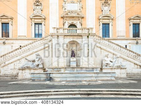 Rome, Italy. View Of The Staircase Of The Palazzo Senatorio, A Renaissance Masterpiece. Its Double R