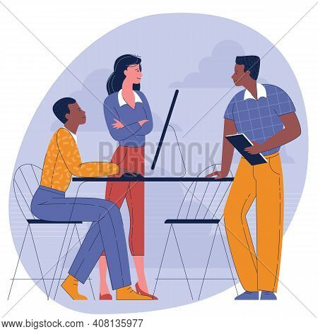 Young People, Man And Woman Taking Part In Business Meeting, Negotiation, Talking To Each Other In T