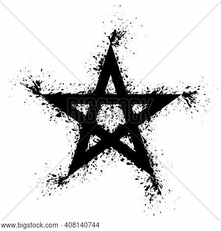 Pentagram Splattered With Black Paint On White Background. Five Pointed Star, Splashed With Black Pa