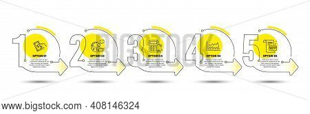 Payment Card, Trade Chart And Pay Money Line Icons Set. Timeline Process Infograph. Calculator Alarm