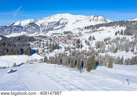 Winter in the swiss alps, Arvenbuel village near Amden canton of St. Gallen in , Switzerland
