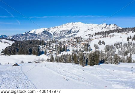 Winter in the swiss alps, Arvenbuel village near Amden canton of St. Gallen in , Switzerland