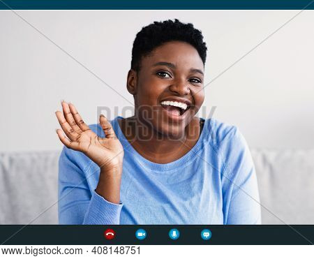 Distant Communication. Pc Screen View, Headshot Portrait Of Smiling Young Black Woman Making Video C