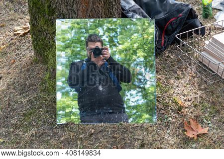 Olsztyn, Poland - September 19, 2020 - Male Reflection In The Mirror, Photographer's Selfie
