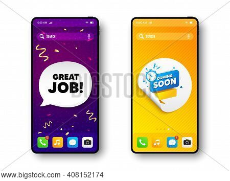 Coming Soon Paper Banner. Phone Mockup Vector Confetti Banner. Timer Announcement Tag. New Open Time
