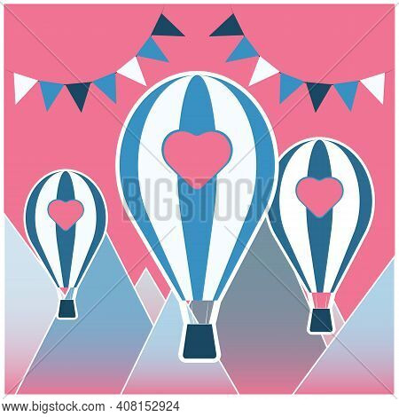 Balloons Over The Mountains. Valentine's Day Card.