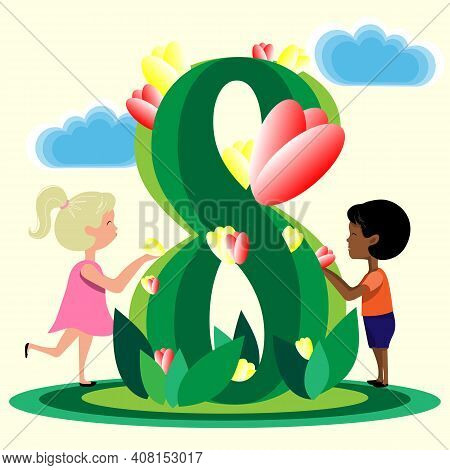 Greeting Card For March 8, Boy And Girl With Tulips. Vector Illustration.