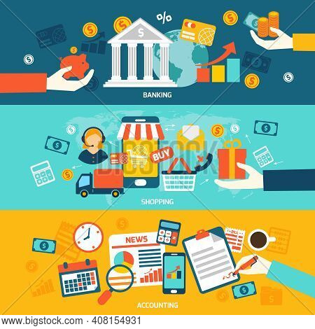 Accounting Flat Banners Set With Banking Shopping And Finance Elements Isolated Vector Illustration.