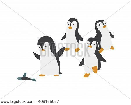 North Pole Arctic Fauna. Polar Penguin Vector Illustration In Flat Style. Little Penguins Fishing In