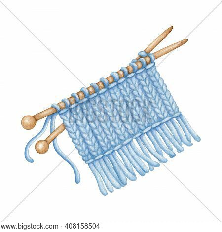 Watercolor Blue Wool Knitting Yarn On Wooden Needles. Knitted Fabric In Progress. Needlework, Handma