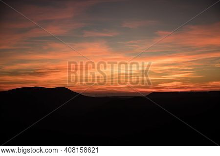 Colorful Sunset Over The Mountain Hills. Beautiful Landscape In Azerbaijan Nature.