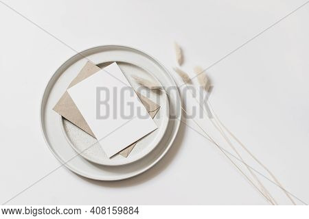 Modern Summer Stationery Still Life. Blank Greeting Card Mock Up Scene With Lagurus Ovatus Grass, Cr