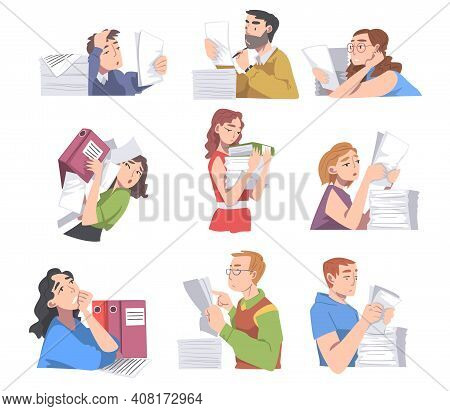 People Characters With Pile Of Papers And Files As Correspondence Administration Vector Illustration