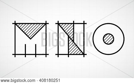 Architech Font. Letters Mno. Graphic Black And White Alphabet. Linear Drawing Alphabet For Banners, 