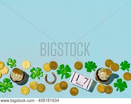 St Patricks Day Concept With Copy Space. Modern Still Life With Lucky Symbols And Sweet Food For Sai
