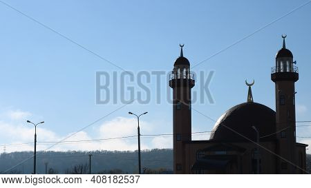 Maykop, Adygea Republic, Russia - November 27, 2020: A Small Mosque Against The Background Of A Dist