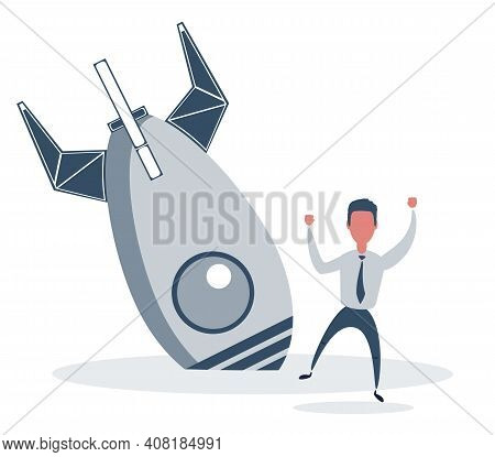 Businessman And Rocket Crash. Business Failure, The Rocket Fell Down. Cartoon Vector Illustration