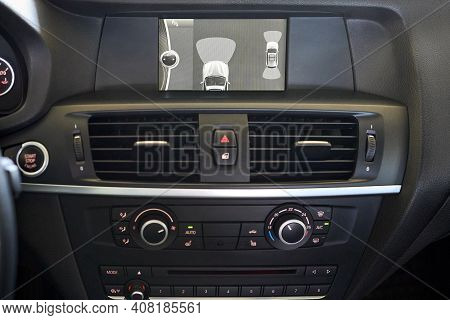 Grodno, Belarus - June 2020: Bmw X3 Ii F25 Xdrive Premium Car Interior Backup Parking Assistant Syst
