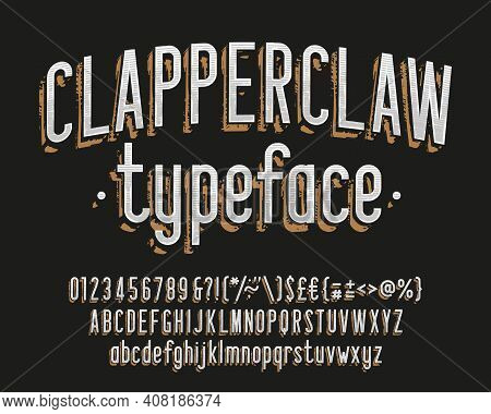 Clapperclaw Alphabet Font. Vintage Narrow Letters, Numbers And Symbols. Uppercase And Lowercase. Sto