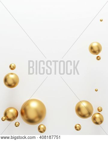 Abstract background of gold speres on white and a copy space at the frame center. 3D render