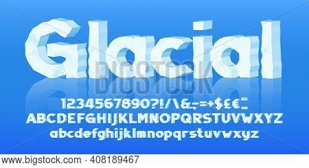 Glacial Alphabet Font. 3d Cartoon Ice Letters, Numbers And Symbols. Uppercase And Lowercase. Stock V