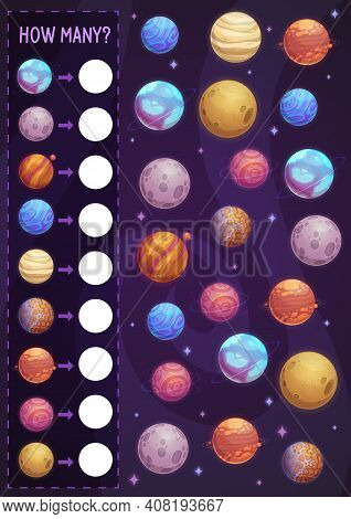 Math Game For Kids, How Many Planets In Space. Vector Estimate Task, Counting Practice For Preschool
