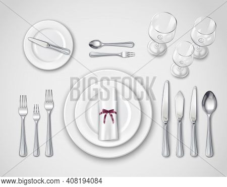 Table Setting Realistic Top View With Modern Cutlery Set Serving For One Person 3d Vector Illustrati