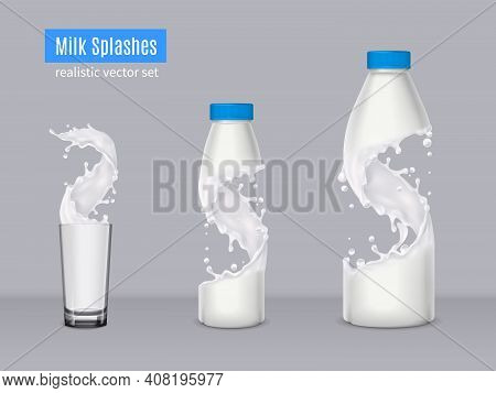 Milk Splashes Realistic Composition With Two Plastic Bottles And Glass Beaker Filled With Milk Vecto