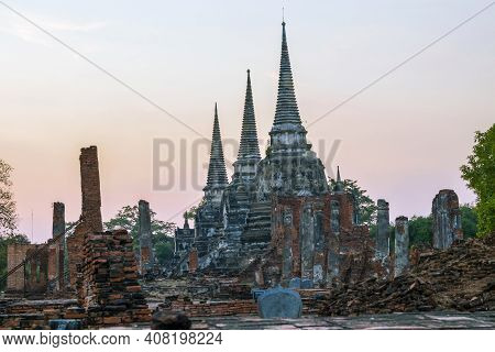 Phra Sri Sanphet Temple With Evening Sun In Ayutthaya Province In Thailand