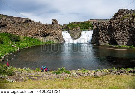 Hjalparfoss; Iceland - July 29, 2017: Scenic Landscape Of Hjalparfoss On The South Of Iceland