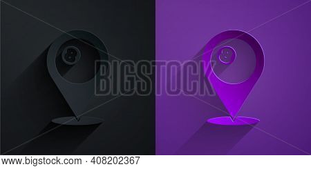Paper Cut Map Pointer With Billiard Pool Snooker Ball With Number 8 Icon Isolated On Black On Purple