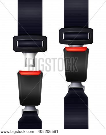 Set Of Realistic Automobile Seat Belts In Fixed And Unblocked View Isolated On White Background Vect