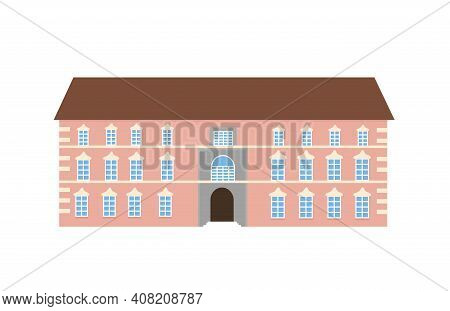 Medieval German Romantic Old Mansion. Brown Fasades, Grey Roof, White Windows. European Colonial Vic