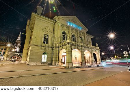 Bern, Switzerland - Aug 23, 2020: Entrance Of Grand Casino Bern With Illuminated By Evening. Bern Un