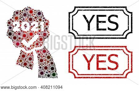 Mosaic 2021 Approve Award Organized From Covid Icons, And Grunge Yes Rectangle Stamps With Notches.