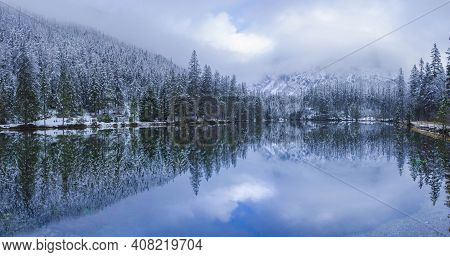 Amazing Winter Landscape With Snowy Mountains And Clear Waters Of Green Lake (gruner See), Famous To