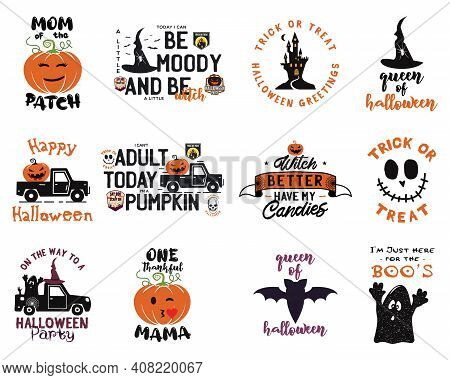 Happy Halloween Emblems Logo Bundle. Holiday Label Designs Collection With Pumpin, Witch, Bat And Te